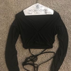 Black long sleeve tie waist top